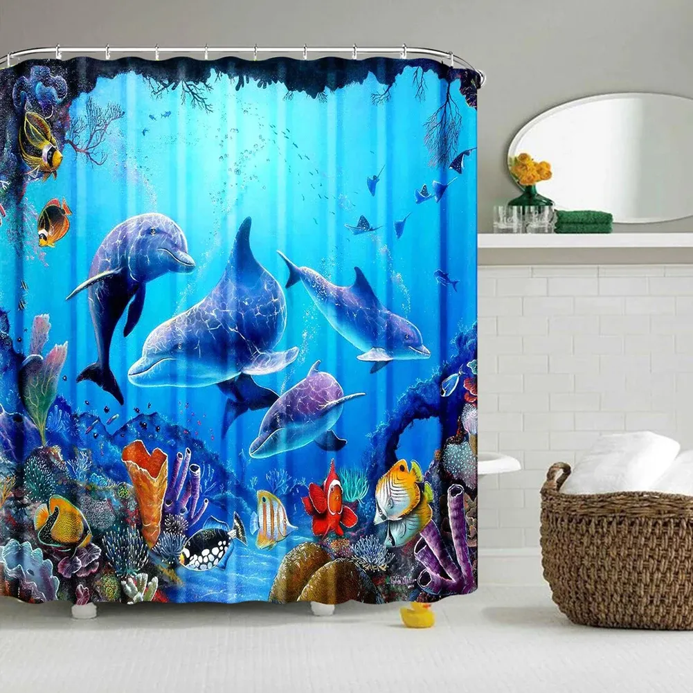 Cortina de chuveiro de golfinho azul, tecido de poliéster para crianças, tema oceano, conjunto de decoração de banheiro com 12 ganchos, vida marinha, mundo subaquático