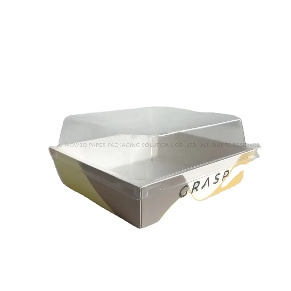 Caja de bandeja de papel personalizada a prueba de grasa para llevar con tapa para sándwich, pastelería, pastel, postre, tiramisú, pudín de pan