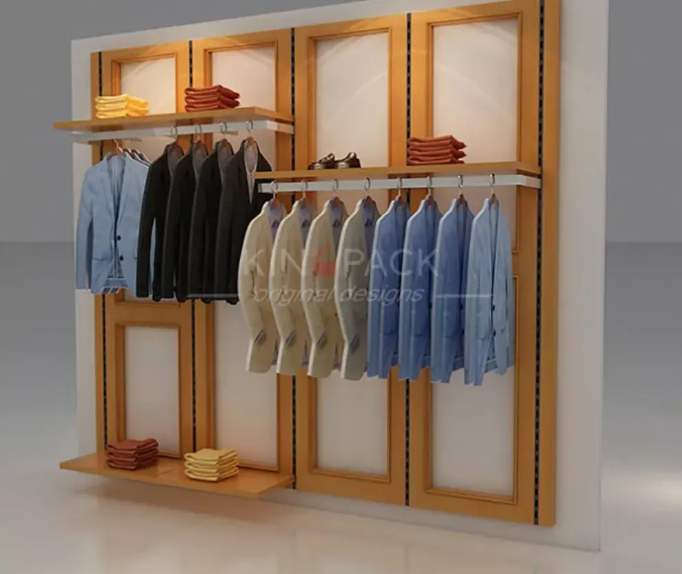 Clothing shop interior decoration design top quality wood wall mounted shelf with mental hanger rack furniture for clothes store