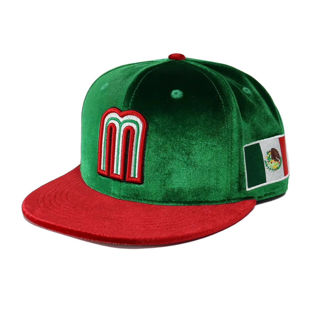 Gorra SnapBack de terciopelo de alta calidad con 6 paneles de color verde, venta al por mayor de fábrica, Sombrero estilo hip hop mexicano con logotipo personalizado para hombre