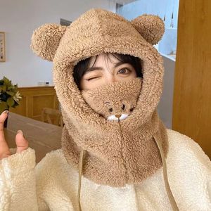 男女兼用ポリエステル厚手カシミア可愛いクマ肌にやさしい暖かいフルカバービーニーハットスカーフマスク3個冬用セット
