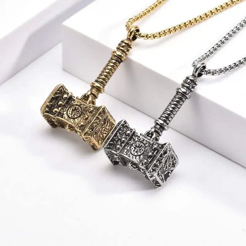 Hiphop Viking pendentif marteau puissant pour hommes, collier à longue chaîne en acier inoxydable 316L Odin bijoux d'arme