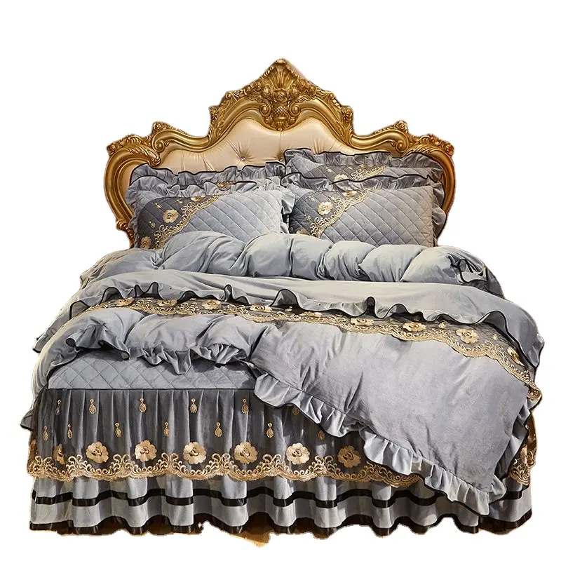 2024, зимняя Роскошная Европейская кружевная вышитая юбка-кровать с оборками, комплект домашнего постельного белья