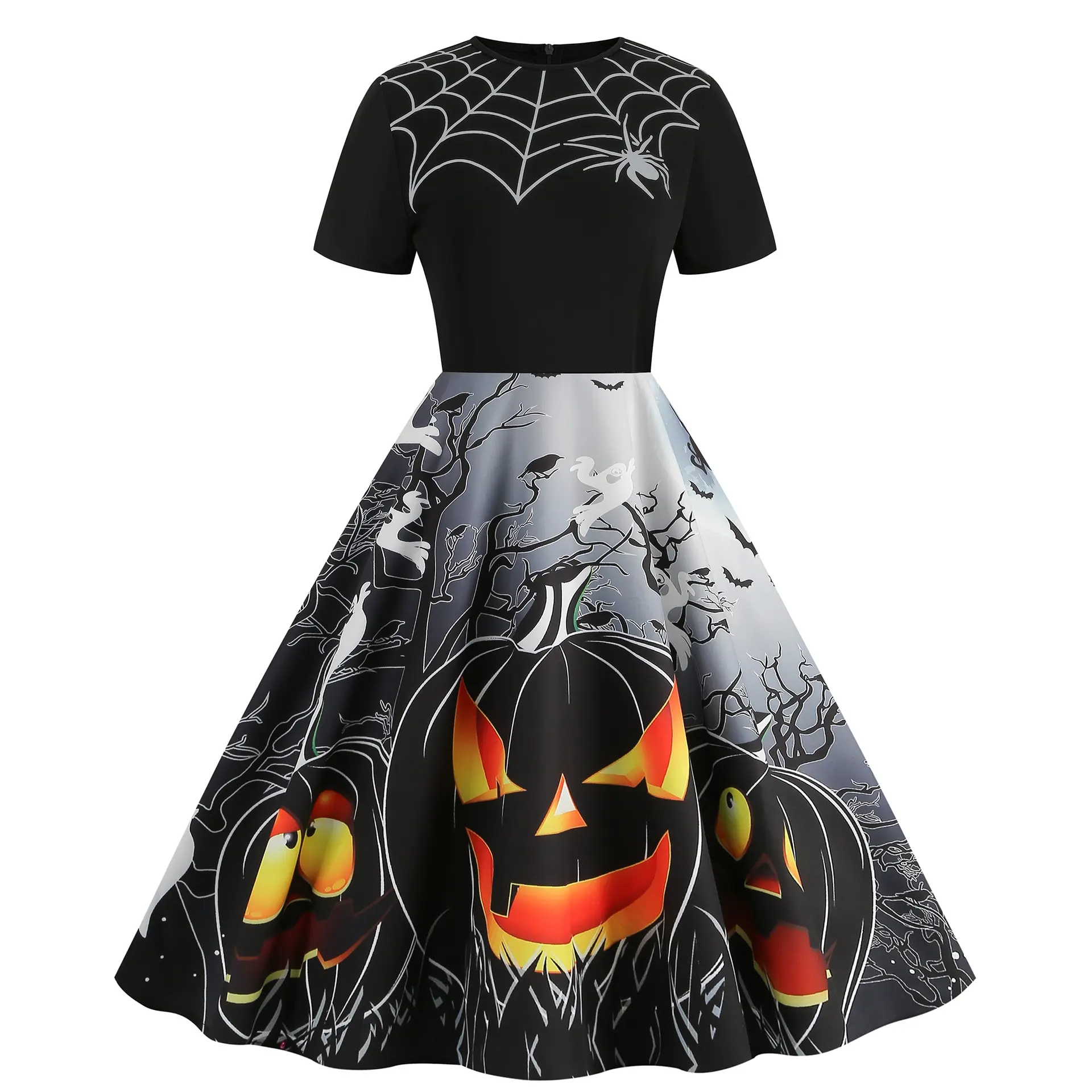 Black Goth Women Halloween Costumes Party Dresses 2023 Vintage Pumpkin Cobweb Print O-Neck Short Sleeve Witch Cosplay Vestidos