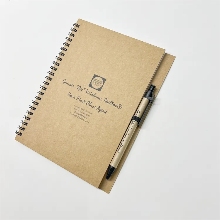 Kunden spezifisches Logo Wire Binding Notepad Set für Büros chüler Recyceltes Spiral-Kraftpapier-Notizbuch mit Stift