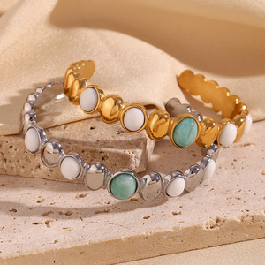 Titanium Steel With 18K Gold Plated Oval Azurite <strong>White</strong> <strong>Jade</strong> Opening Jewelry 18K Gold Plated Stainless Steel Bracelets - Product Image 3