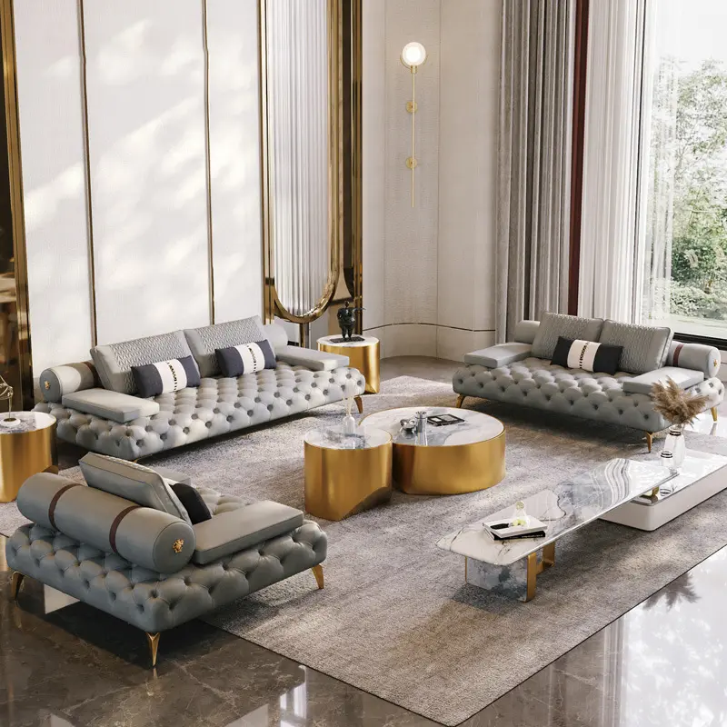 جديد تصميم الفاخرة الراقية جلدية تشيسترفيلد طقم أريكة لغرفة المعيشة الأثاث
