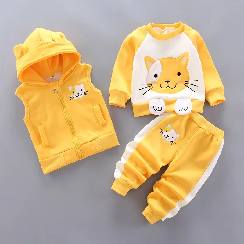 Nuevos conjuntos de ropa de moda para niños para niñas y niños de 0 a 4 años con capucha de felpa para bebés, conjunto de ropa de 3 piezas