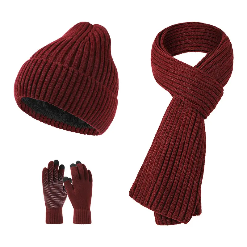 BESTELLA unisexe Logo personnalisé hiver thermique chaud chapeau écharpe toucher gant ensemble longue acrylique Jacquard écharpe tricoté ensemble teint uni