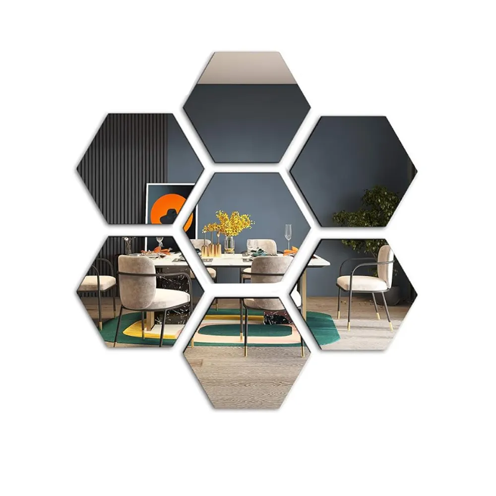 Hexagon Acrílico Espelhos 3D Wall Decor Tile Sticker, Prata Decalques de Parede para Quarto Sala de Jantar Decorações