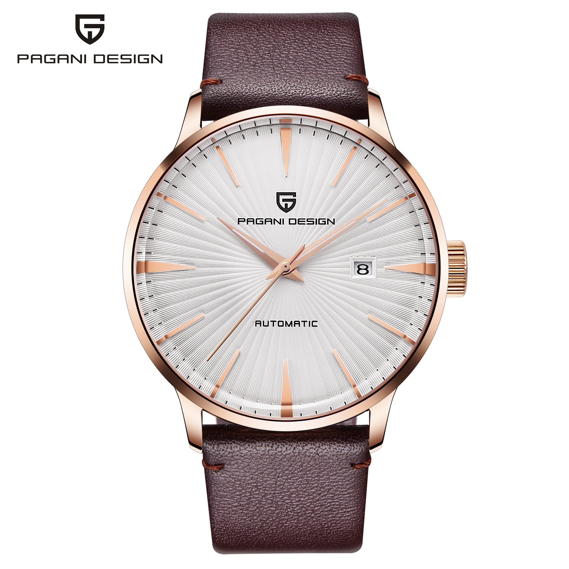 Gold case with white leather strap