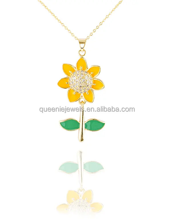 Nuevo diseño flor Zirconia Collar chapado en oro O-cadena cristal esmalte hoja colgante collar colorido girasol colgante collar