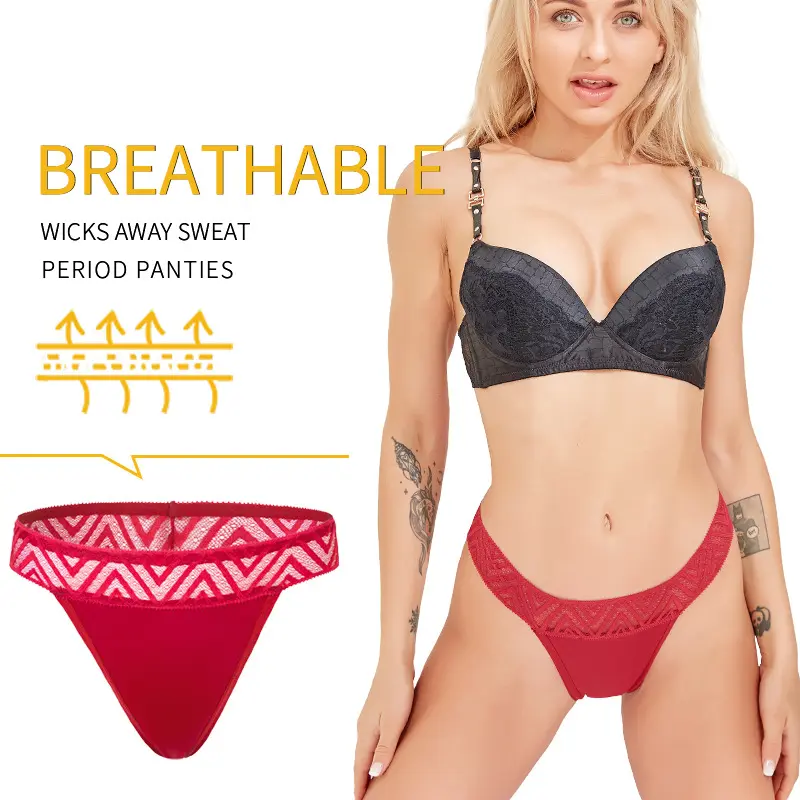 Bragas fisiológicas reutilizables de 4 capas para mujer, Tanga de encaje, ropa interior de período