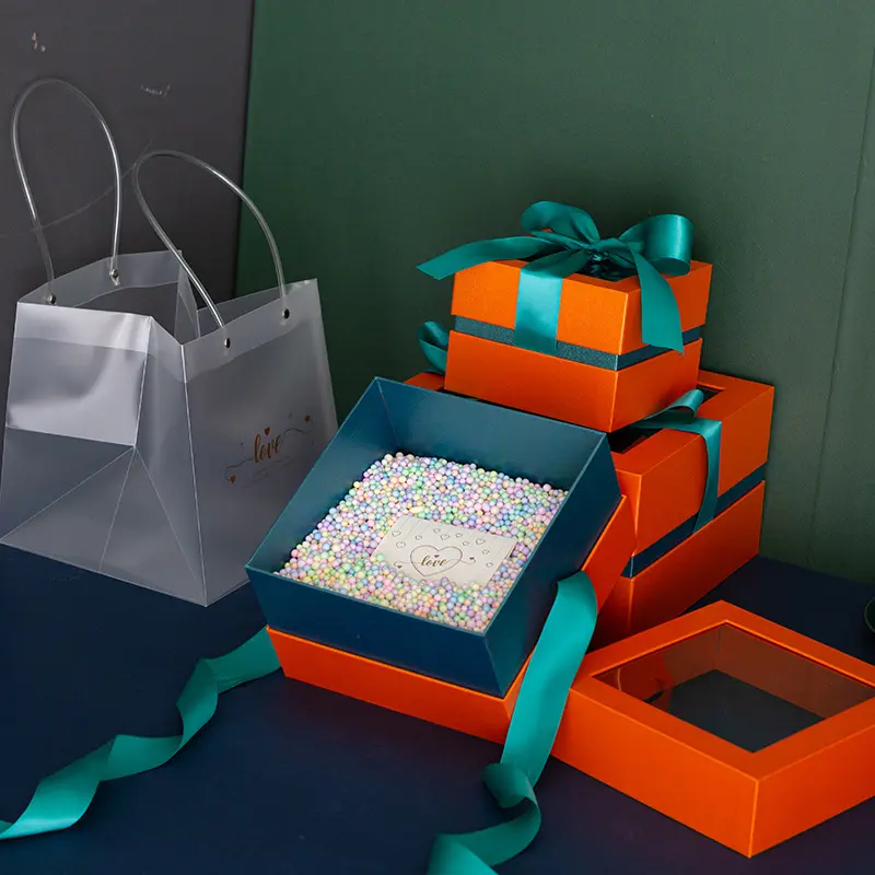 Kotak hadiah dasi kupu-kupu dengan tutup kreatif transparan jendela bening oranye putih biru merah kotak kemasan lilin