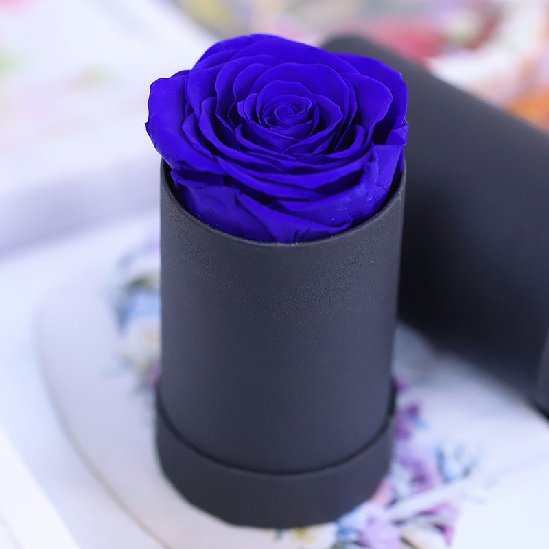1 rose bleue dans une boîte ronde noire