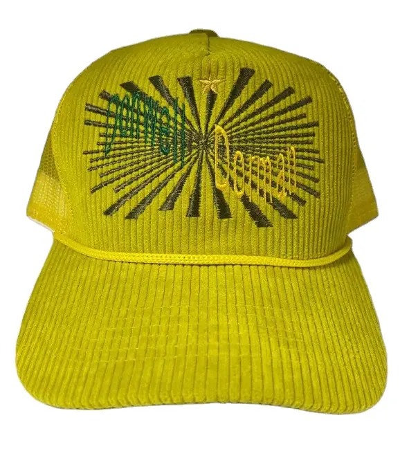 เย็บปักถักร้อยแบบกําหนดเอง 5 แผงสีเหลือง Corduroy Snapback หมวก Trucker พร้อมเชือก
