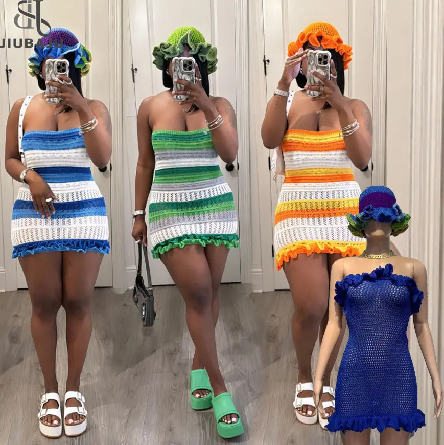 Knitted 2 Piece Sets Women Hats + Mini Skirts Fashion Casual Strapless Dress Matching Suits