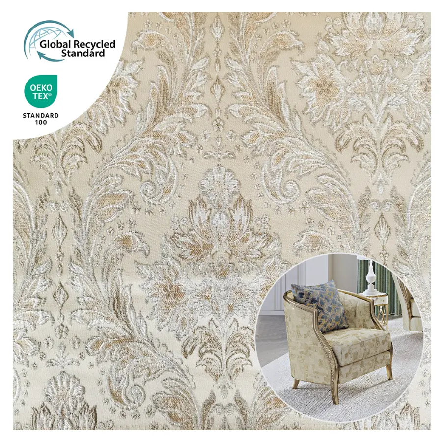 Venta al por mayor elegante Vintage hogar textil clásico poliéster Damasco brocado tela Jacquard tela para sofá muebles tapicería