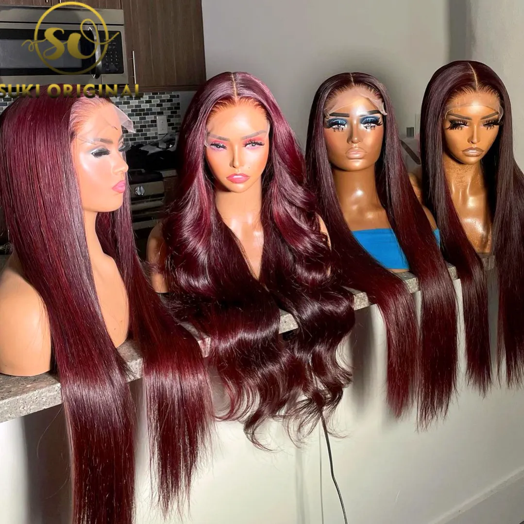 Perucas frontal de renda borgonha, 99j peruca de cabelo humano brasileiro, vermelho frontal, 100 virgem seda reta para mulheres negras