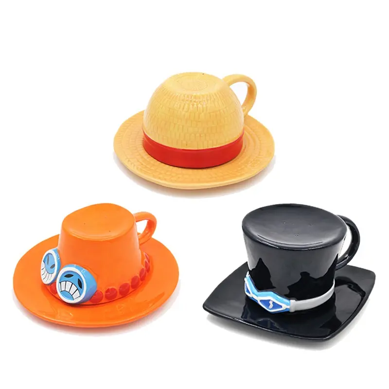 Taza de sombrero de paja Luffy de 4 estilos, taza de Anime, taza de agua, taza de café con forma de sombrero de tres hermanos, Taza de cerámica Luffy Ace Sabo para fiesta