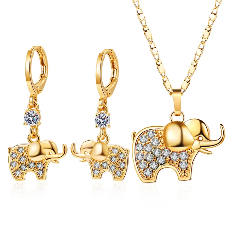 Moda all'ingrosso americano carino elefante animali Zoo collezione 18k placcato oro bianco Multi diamante nero CZ 3 pezzi Set di gioielli