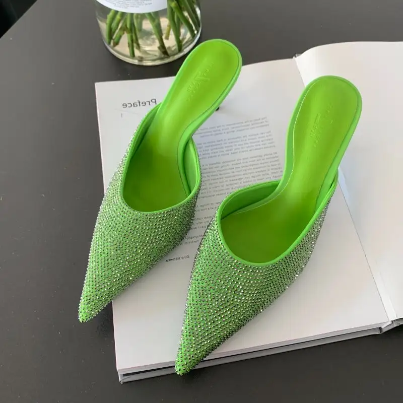 Zapatos de tacón bajo de 4CM con diamantes de imitación para mujer, Calzado cómodo de lujo a la moda