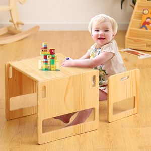 モンテッソーリ幼児用チェアとテーブルセット自然子供用高さ調整可能テーブル離乳テーブルとチェアセット - Product Image 1