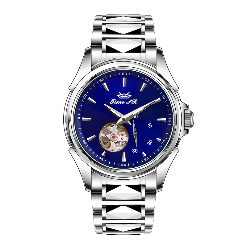 Cadran bleu, boîtier argenté, bracelet en acier