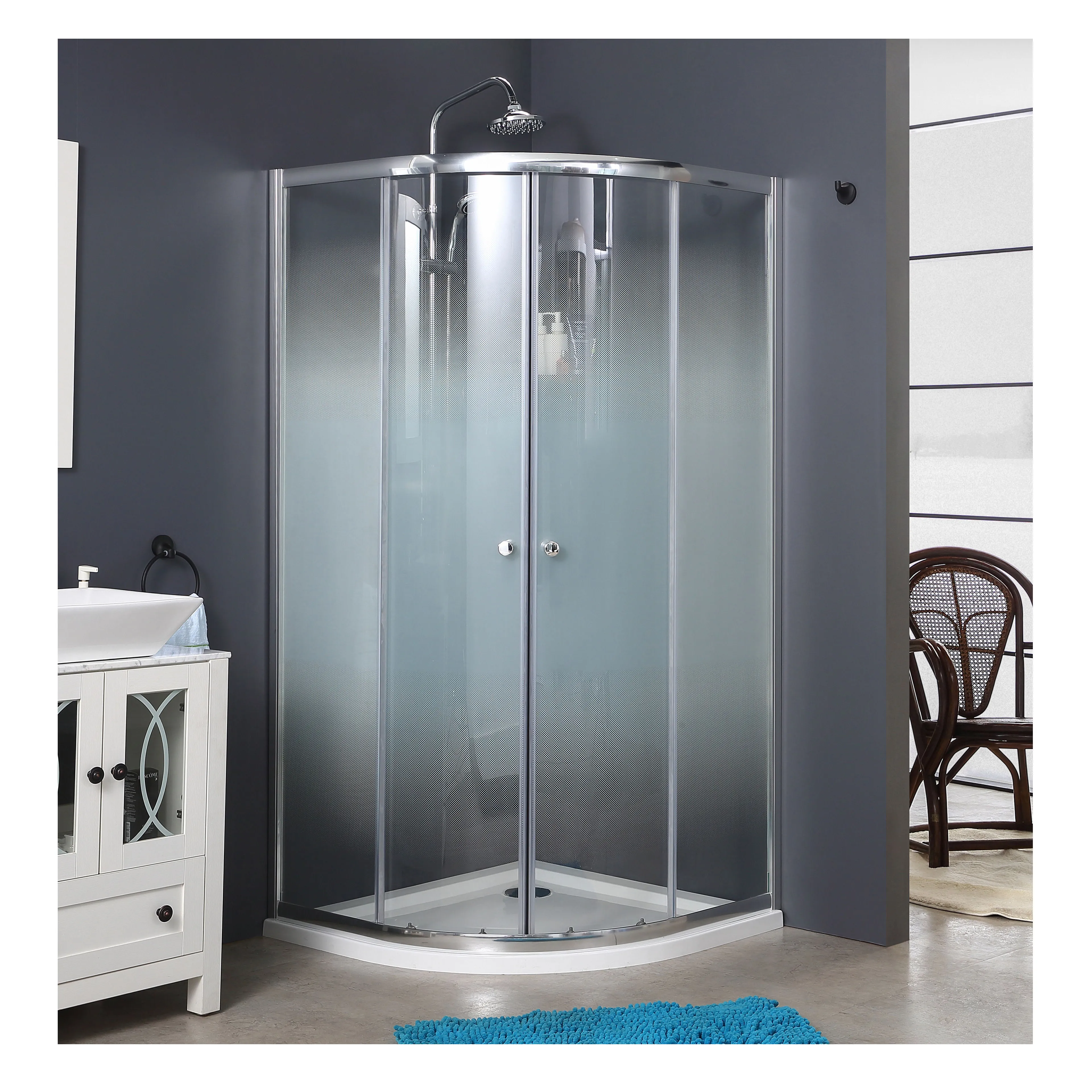 Écran de douche rotatif, porte coulissante en verre de 4mm, impression design chromé, profils muraux réglables, pas cher