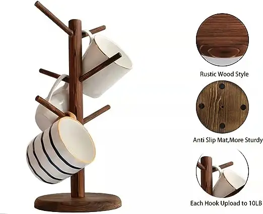 Árbol de soporte para tazas de café de nogal marrón personalizado con 6 ganchos de madera para tazas de café