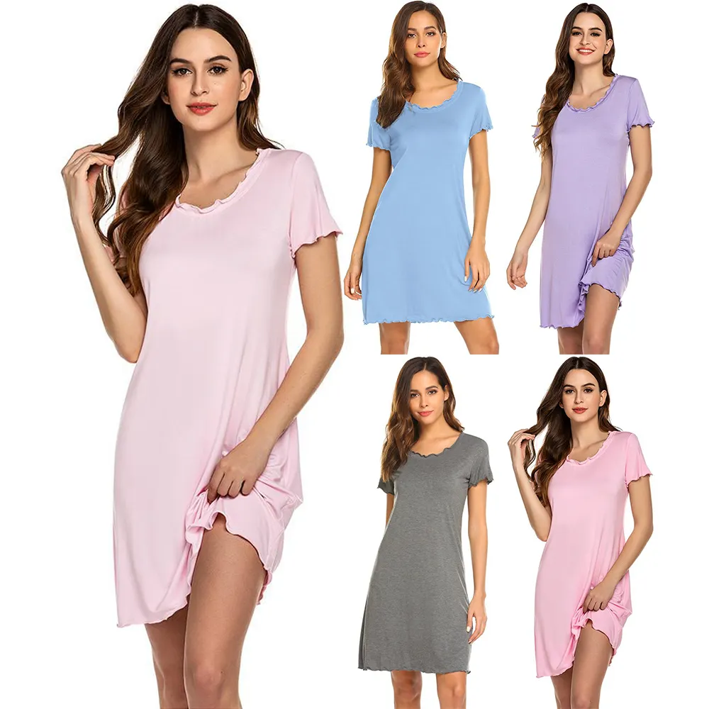 Vrouwen Gedrukt Nachthemd Solid Korte Mouw O-hals Nightgowns Night Dress Nachtkleding