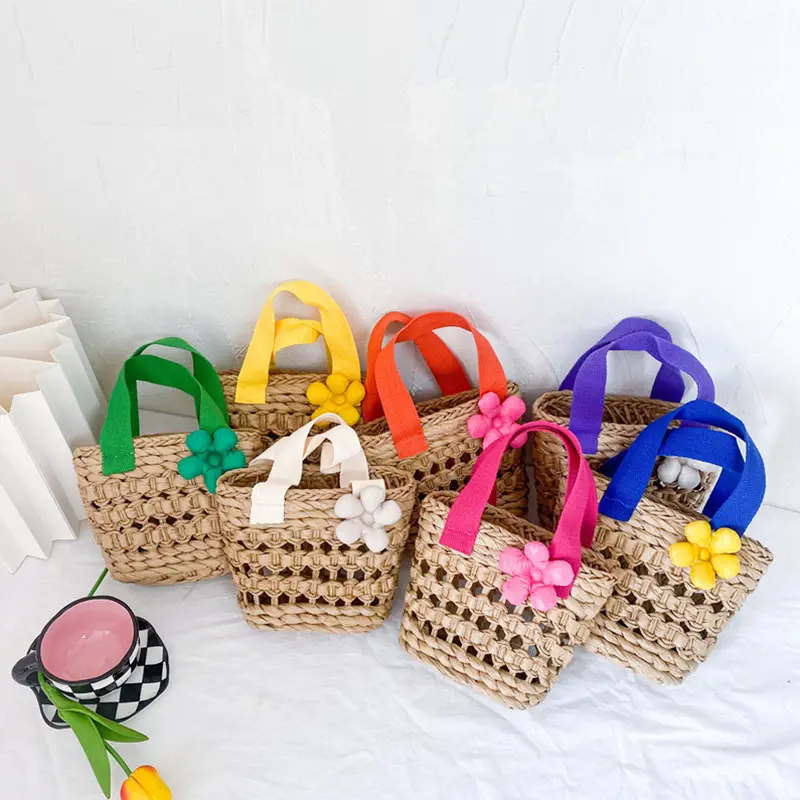 Moda son yaz sevimli saman plaj çantası ile çiçekler küçük kızlar tasarımcı mini hasır sepet çanta çocuklar çantalar ve çanta
