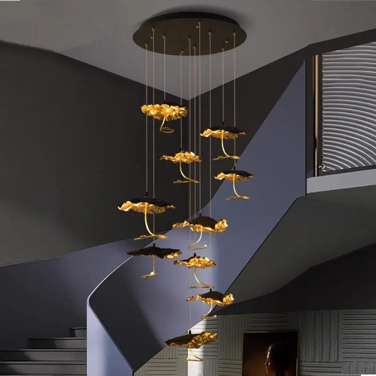 Lampe suspendue en forme de feuille de cuivre décoration intérieure escalier salle à manger lustre LED personnalisé