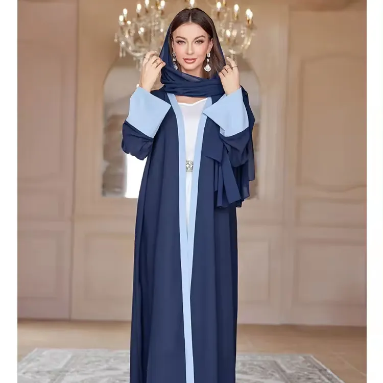 Cardigan musulman J-19 avec manches patchwork et foulard abaya ouverte robe musulmane femme