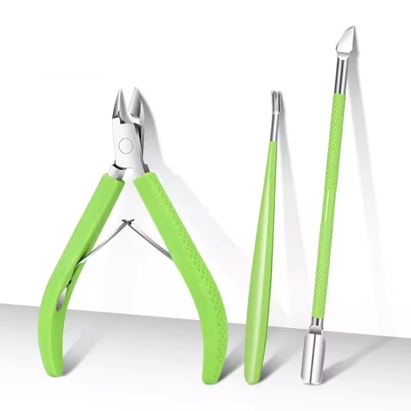 Coupe-cuticules en silicone vert, poussoir en acier, fourchette à cuticules, p