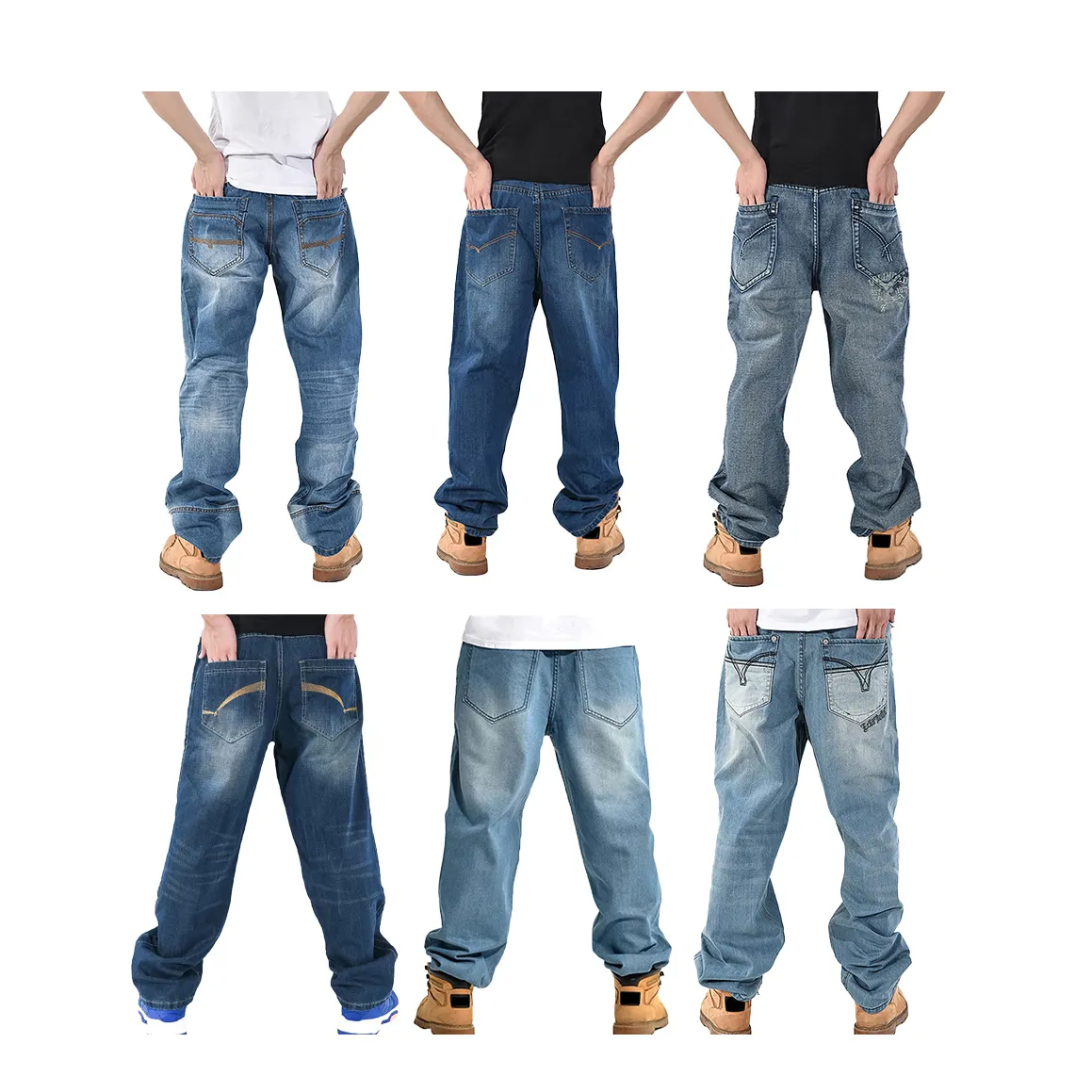 Custom Baggy Jeans for Men Stylish Hip Hop Plus Size Loose Fit Skater Dance Washed Blue Simple Jean Denim Pants