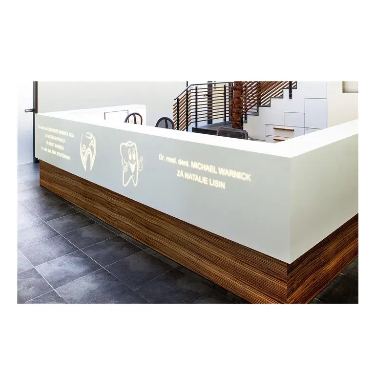 Mostrador de información para recepción de clínica Dental, mostrador de información para recepción de clínica Dental con luz Led de mármol blanco brillante con logotipo personalizado