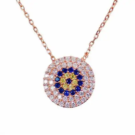 Gioielli di moda placcato oro rosa blu e giallo CZ Full Diamond Eye Of Evil collana con ciondolo fortunato in argento Sterling 925 da donna