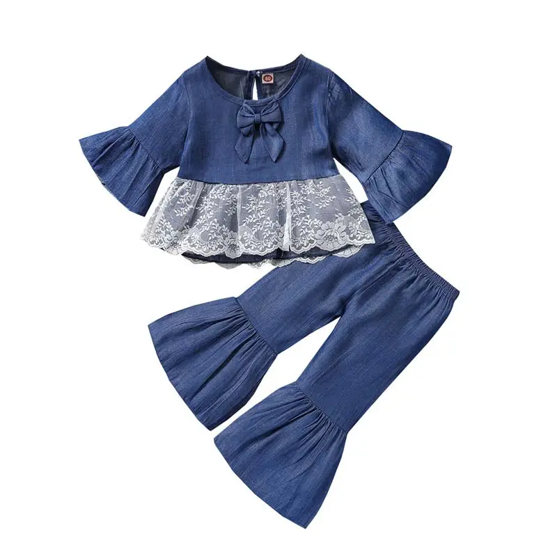 Nuevo 2024 2PCs Floral Ruffle Off Shoulder Tops Hole Denim Pants Cute Little Girl Summer Outfits