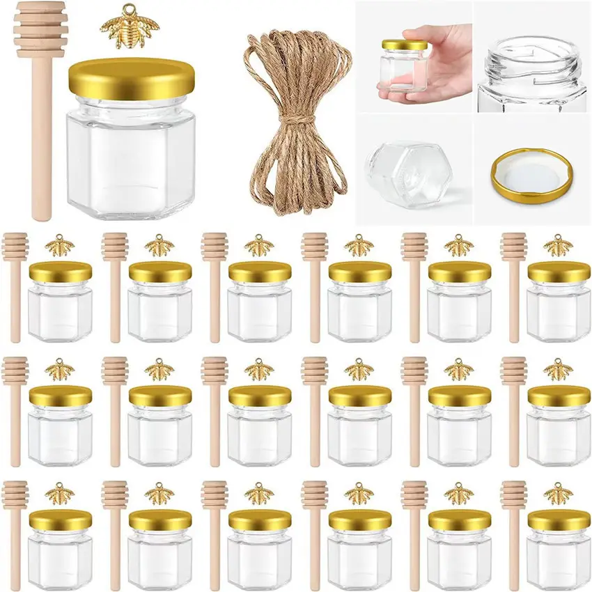 emptyHousehold 1.5oz Mini Honey Jars with Wooden Dipper Gold Lid Bee Charms Thank-You Tags Rope and Gift Bags