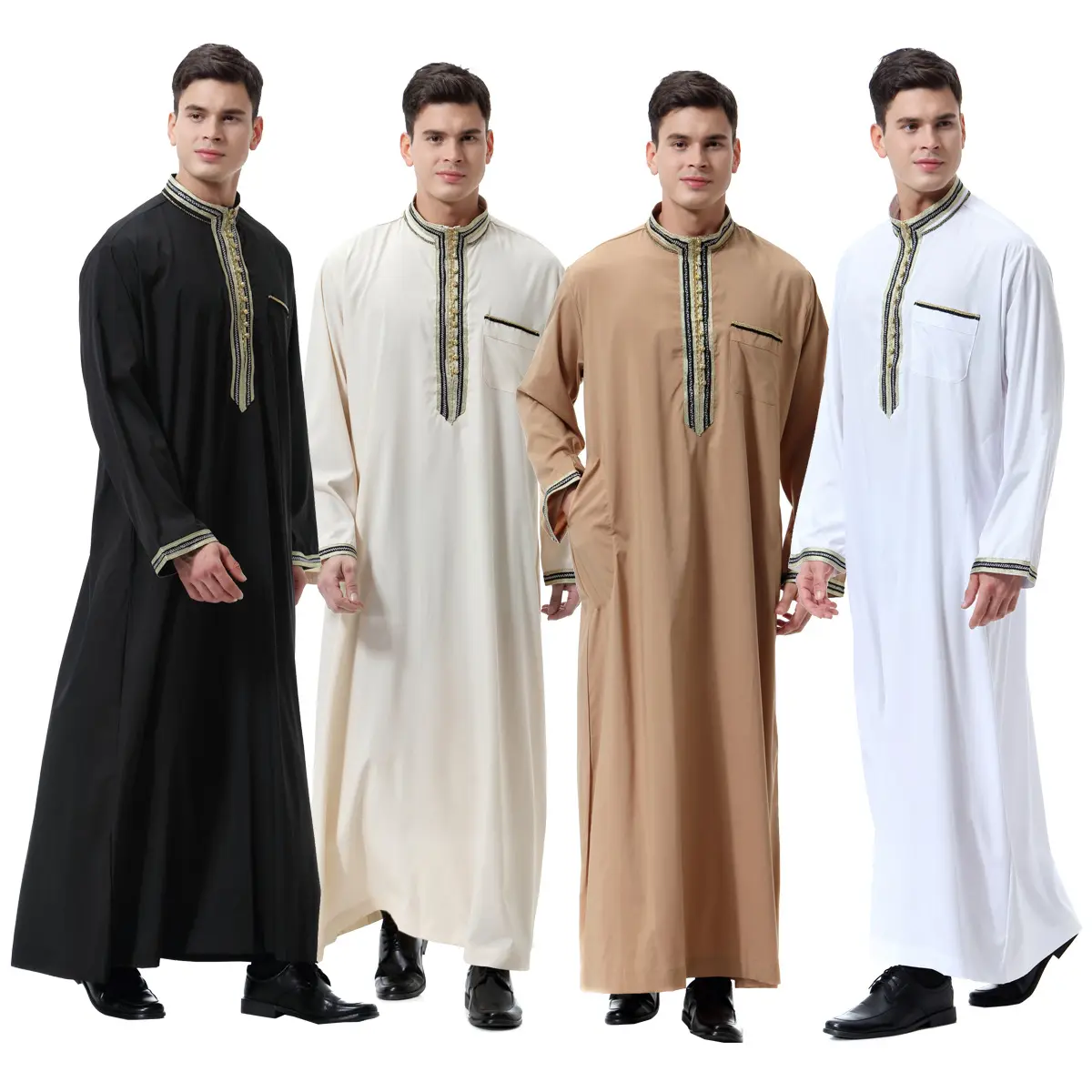 Dubai müslüman elbise uae arapça orta doğu erkek giyim islam işlemeli elbisesi düz renk Thobes beyaz jalabiya erkekler için