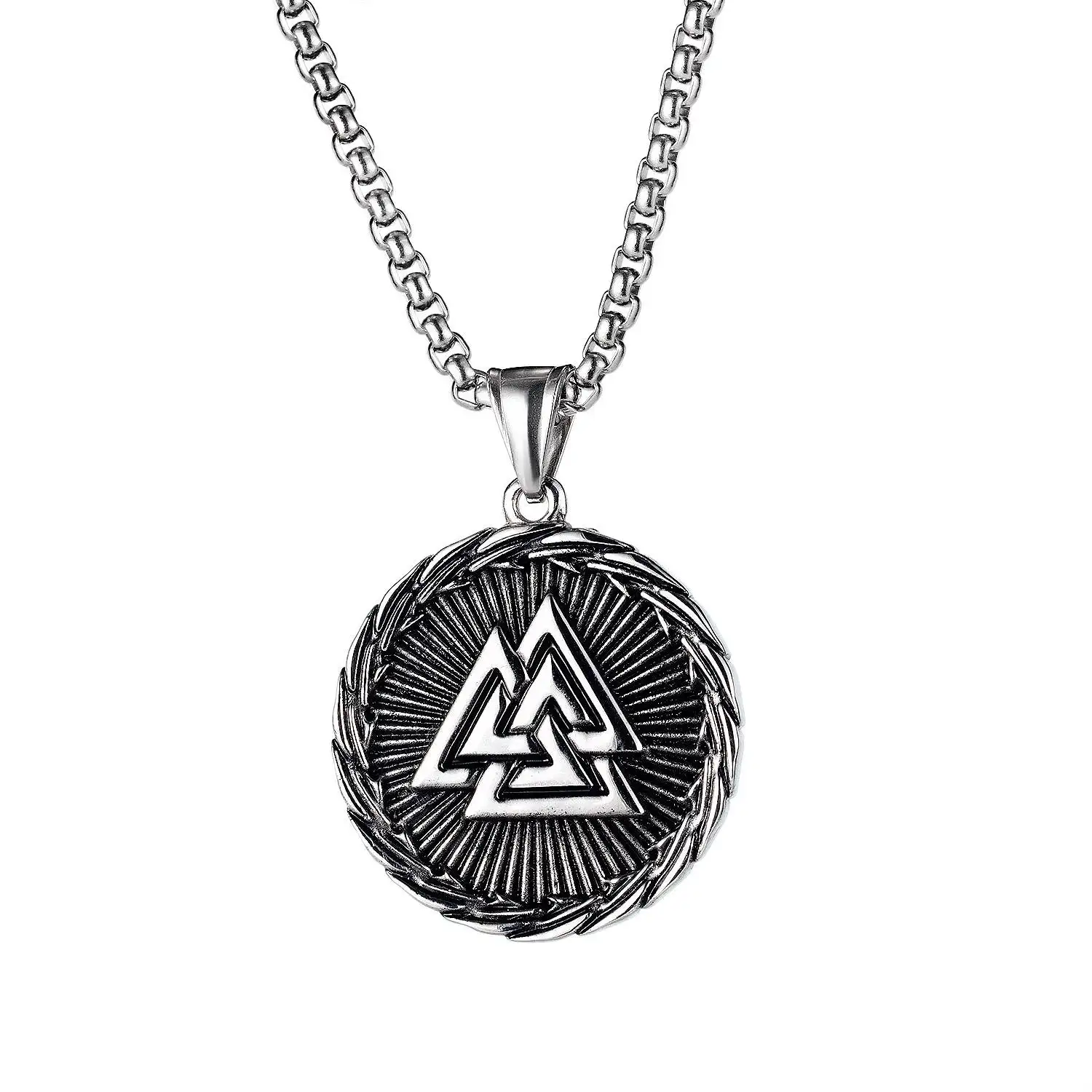 Hip Hop Silver Amulet Norse Viking Retro Triangular Rune Triangle Pendant Necklace Men Jewelry