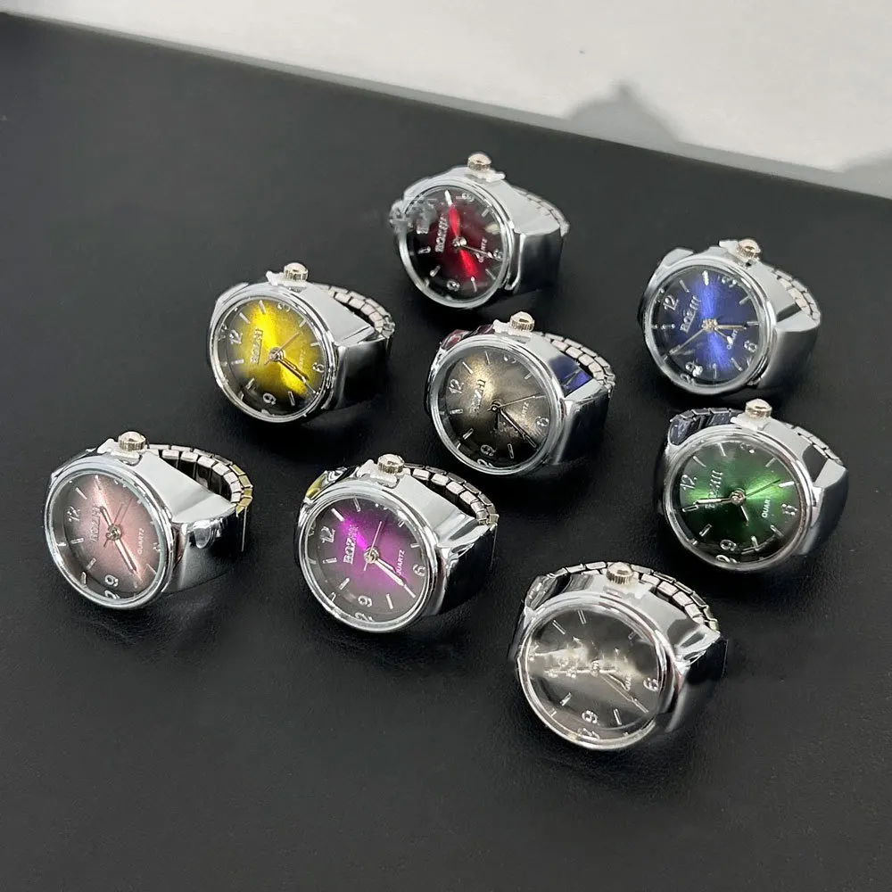 Vendita calda graduale colore metallizzato anello da dito orologio rotondo al quarzo elastico anello da dito Mini formato regalo per donna uomo bambini