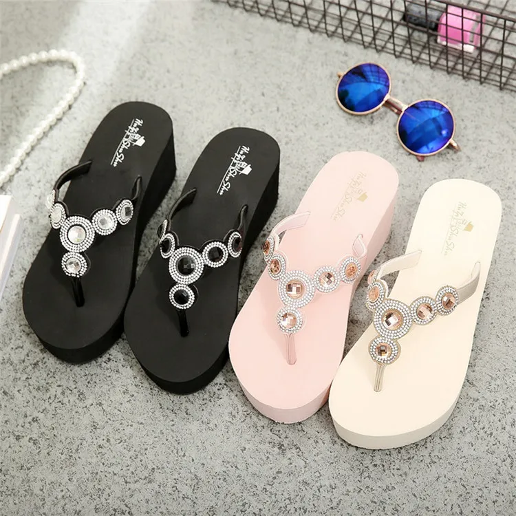 Female Flip Flop Non-Slip Summer Sandals Slippers Crystal Strap Wedges Flip Flops Women Heel