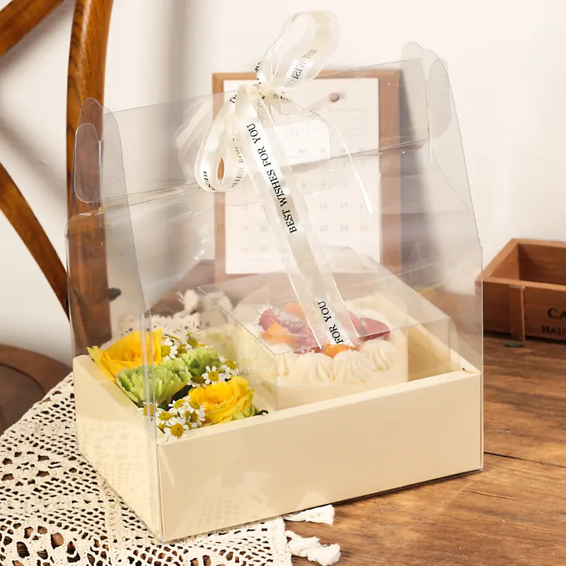 Caja pequeña para pasteles a medida, caja de lujo personalizada para bodas, cumpleaños, flores y Mini caja para pasteles con asa, plástico transparente