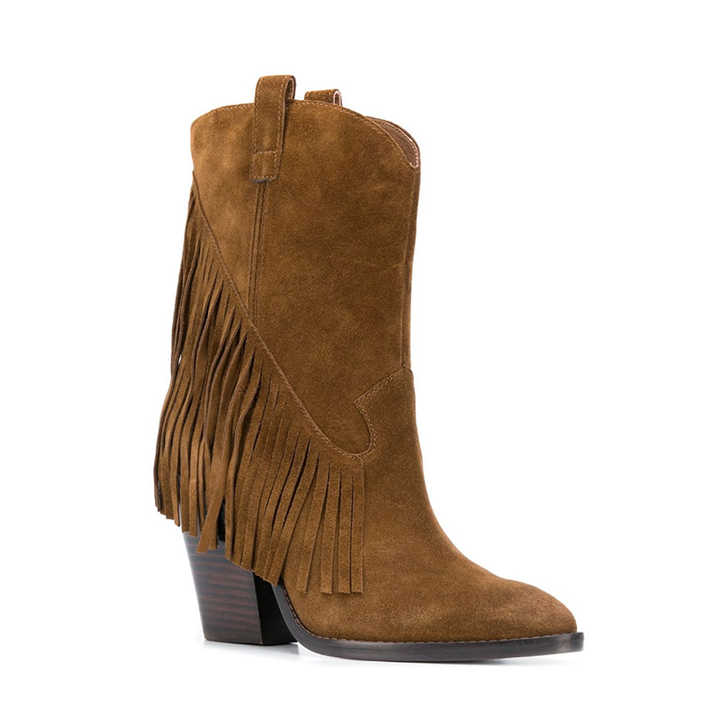 WETKISS Wholesale Low MOQ Shoes Vegan Suede High Chunky Heel Ankle Boots Brown Tassel Boots Women Shoes Western Cowboy Boots