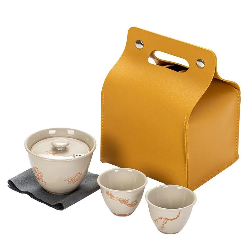Juego de té de cerámica kung-fu portátil para exteriores, juego de té de cerámica roja de aluminio japonés, de color gris esmaltado, una olla, dos tazas, taza rápida