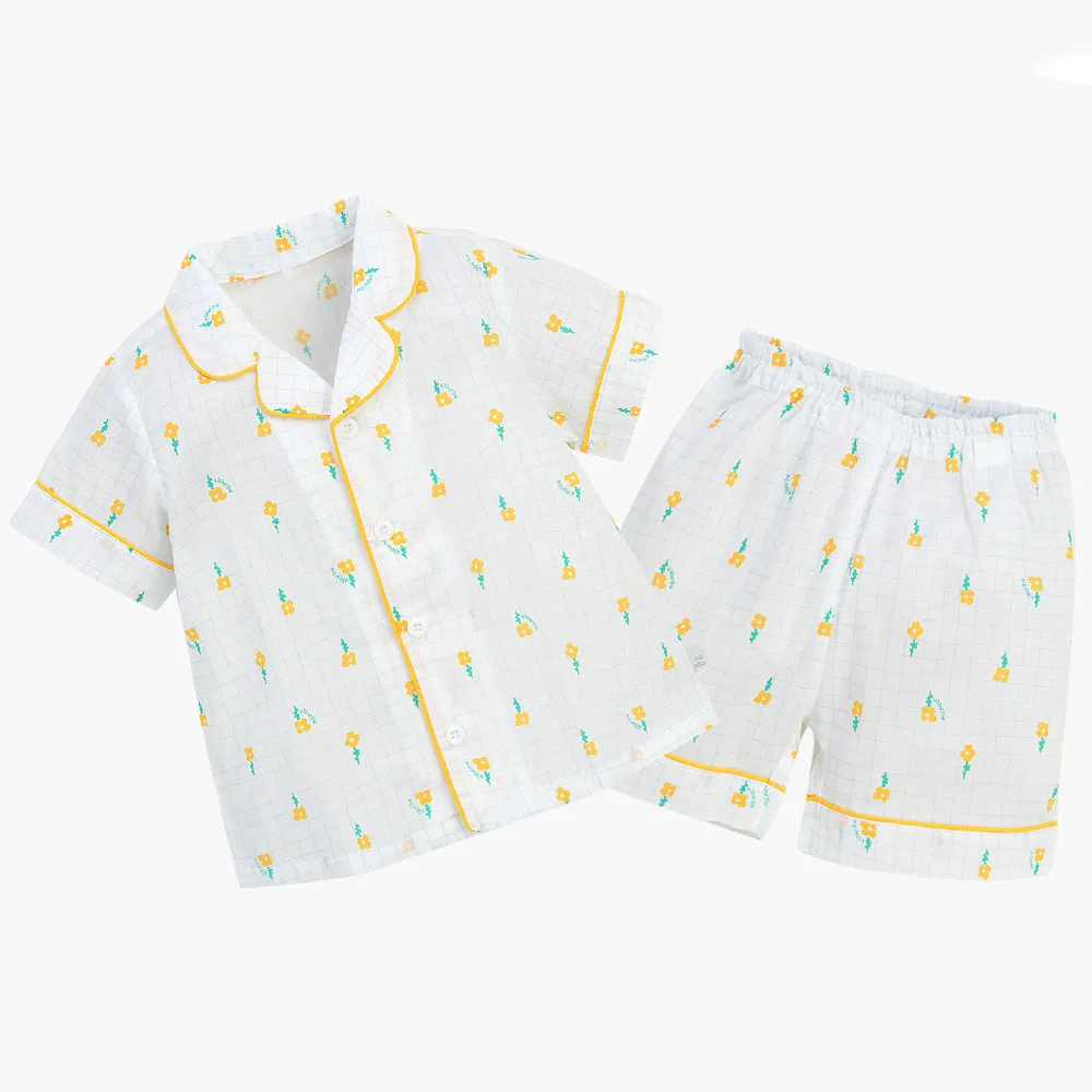 Pijama de moda personalizado para niños, ropa de dormir de manga corta con estampado amarillo, para verano, venta al por mayor