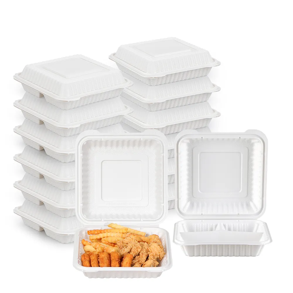 Fiambrera desechable Biodegradable, caja de almacenamiento de plástico plegable, color blanco, para llevar comida rápida