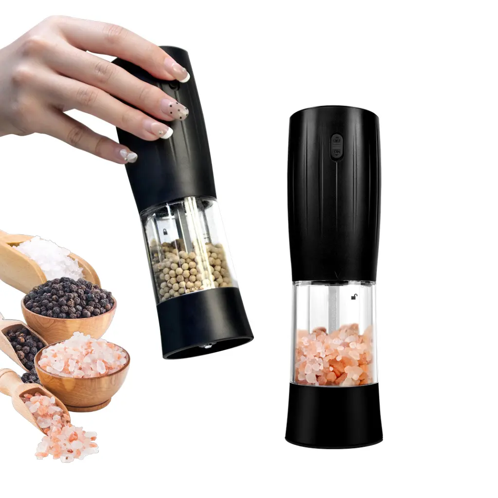 Moedor elétrico de sal e pimenta a mão operado por gravidade, conjunto automático alimentado por bateria com luz LED